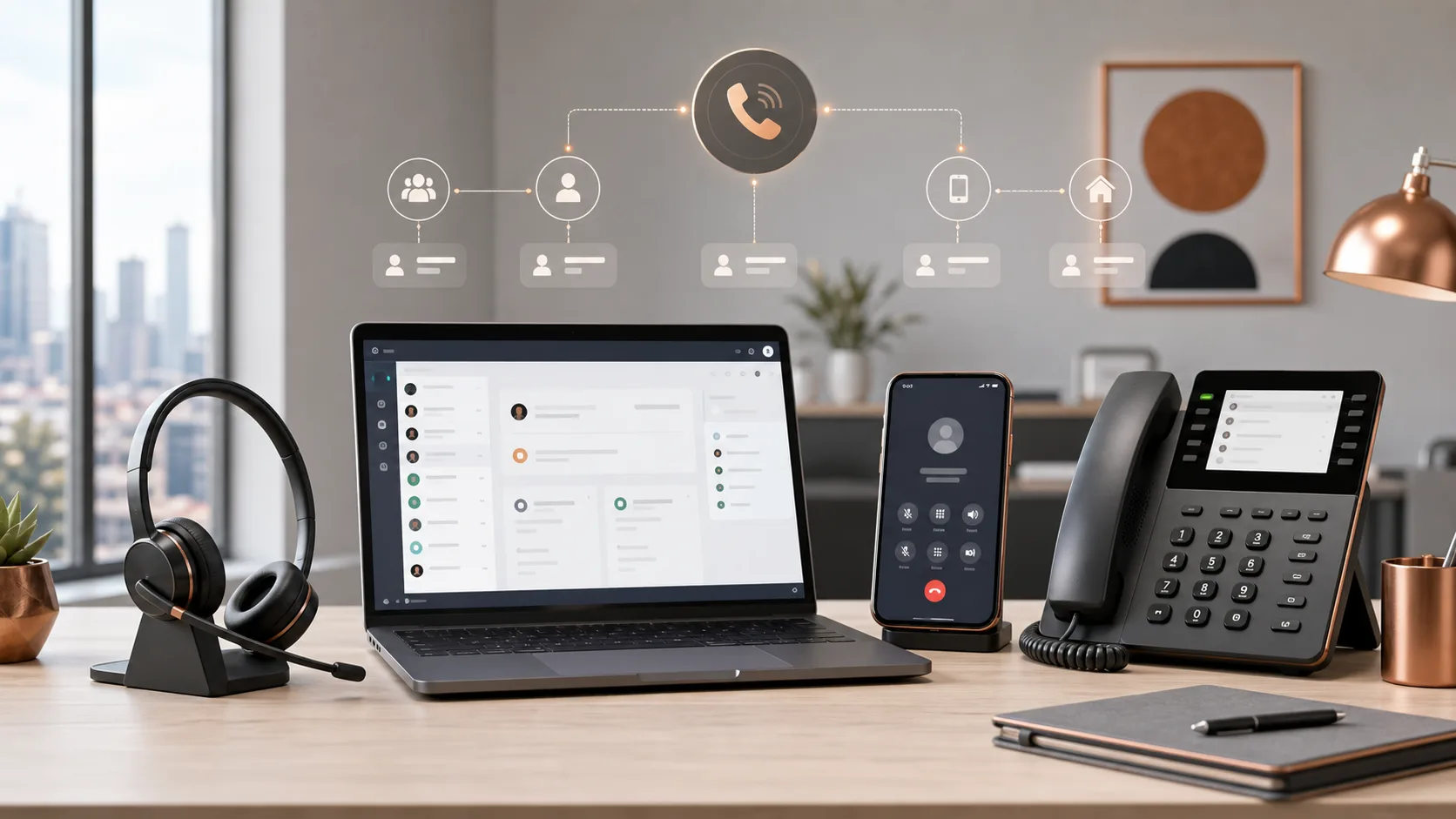 Remote-work desk with headset, laptop softphone dashboard, smartphone call screen, and business desk phone
