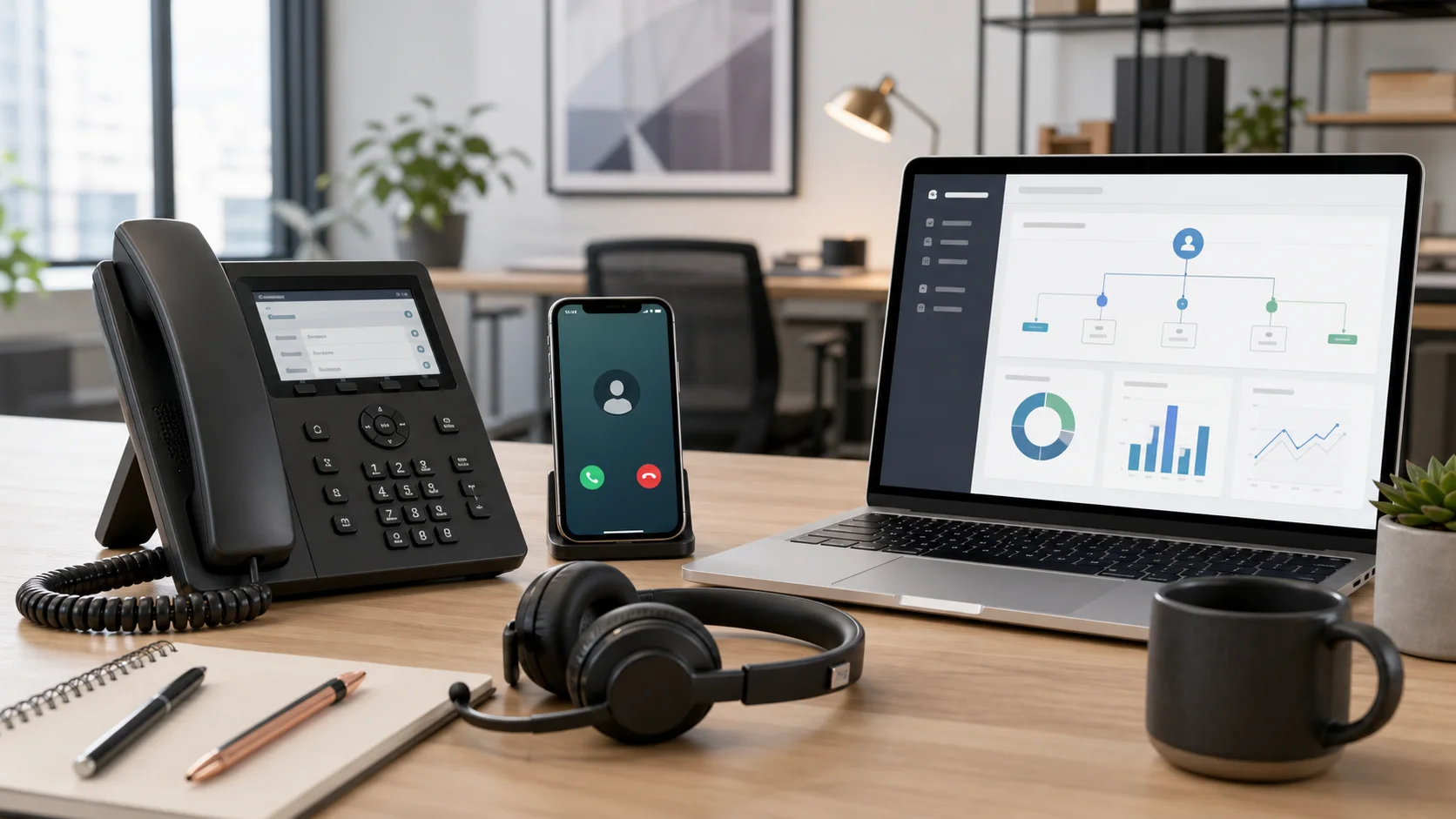 Business desk with an IP phone, headset, smartphone, and call-routing dashboard