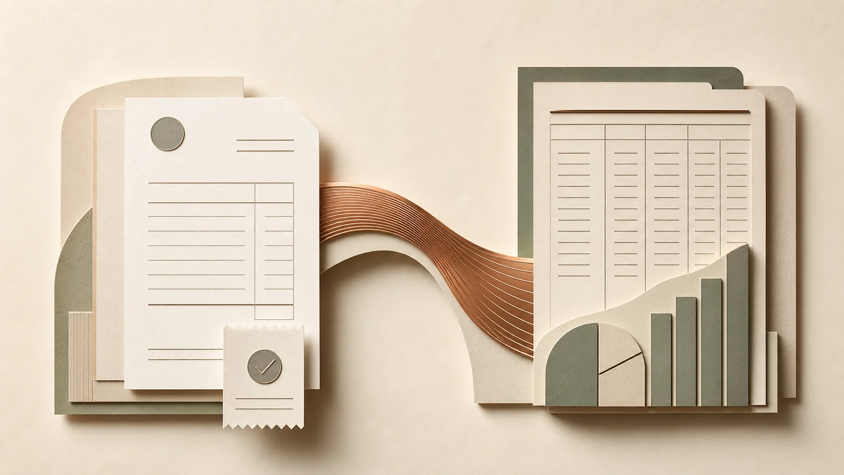 An invoice connected by copper lines to an accounting ledger and financial charts
