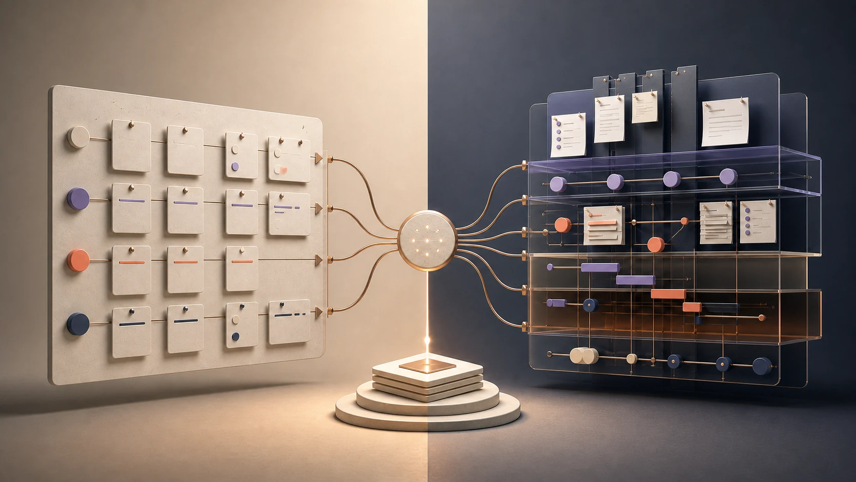 Two contrasting project management workflows connected by a shared planning hub